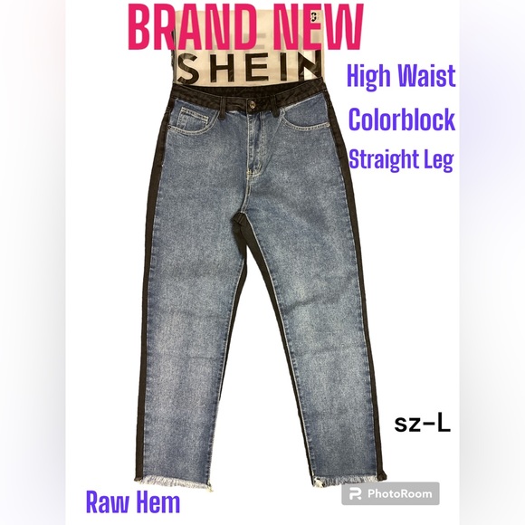 SHEIN Jeans High Waisted Color Block Straight Leg - Picture 2 of 9